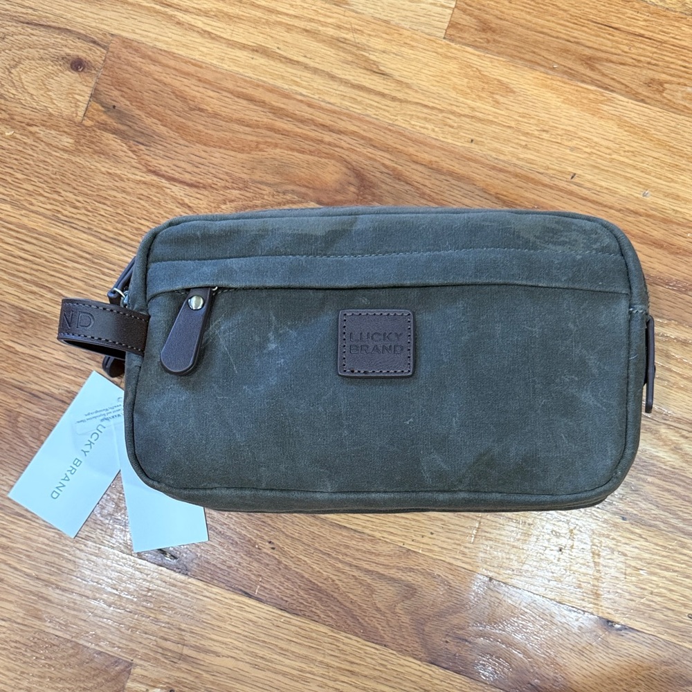 Lucky Brand Olive Green Waxed Canvas Toiletry Bag with Leather Trim